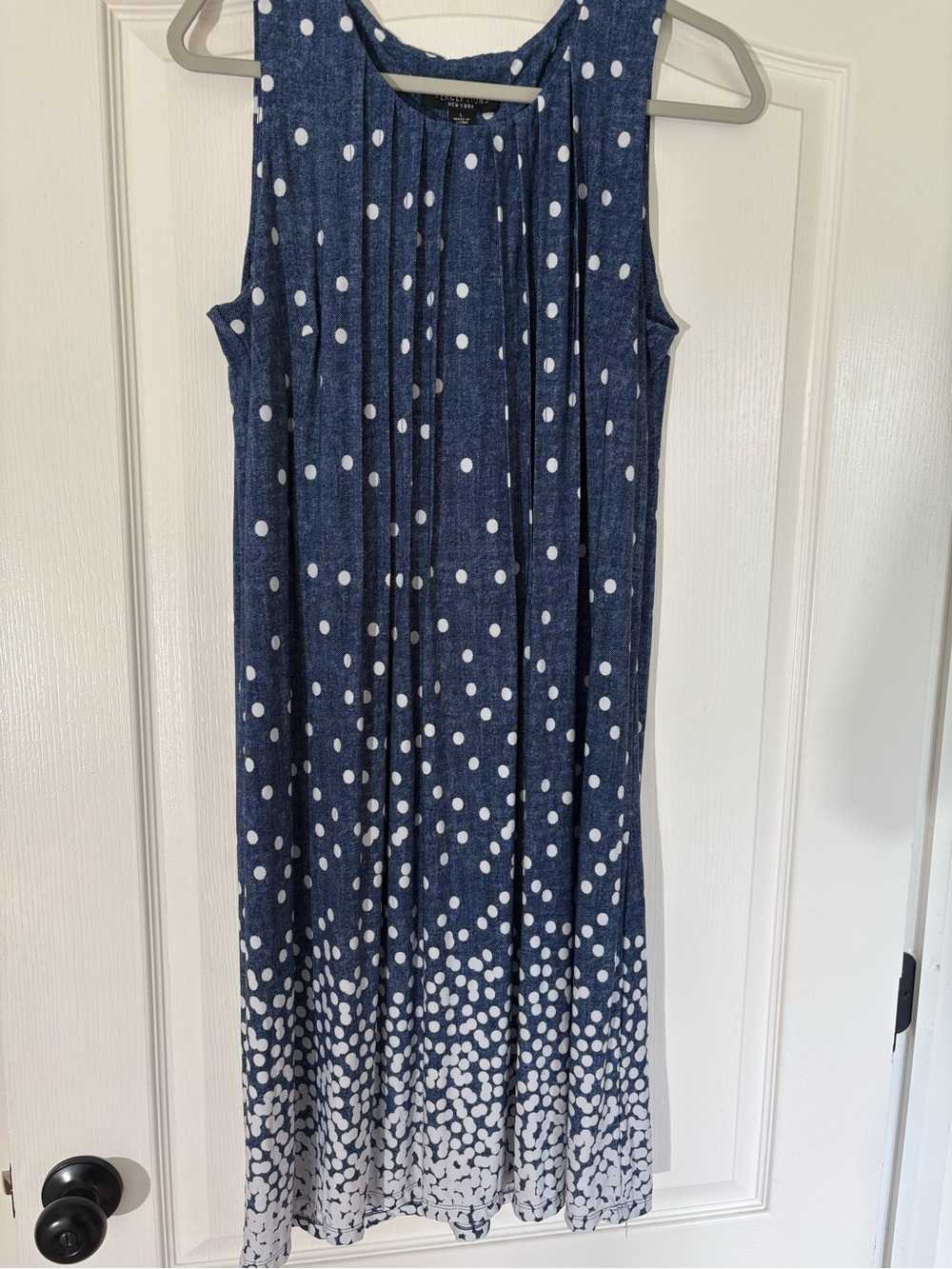 Perceptions New York Maxi Dress Large Blue White Polka Dot Sleeveless Stretch